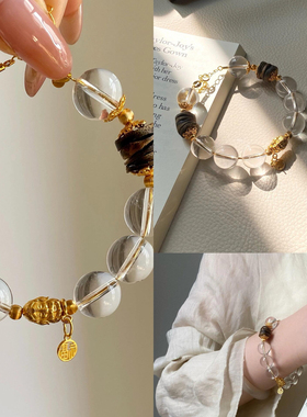 10A天然白水晶手链奇楠沉香药片珠吉祥如意古法金象神手串小众女