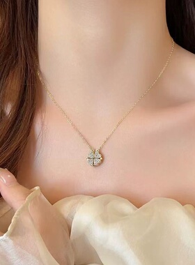 秋冬新款一款两戴桃心锁骨链女感红色爱心四叶草项链网红颈链