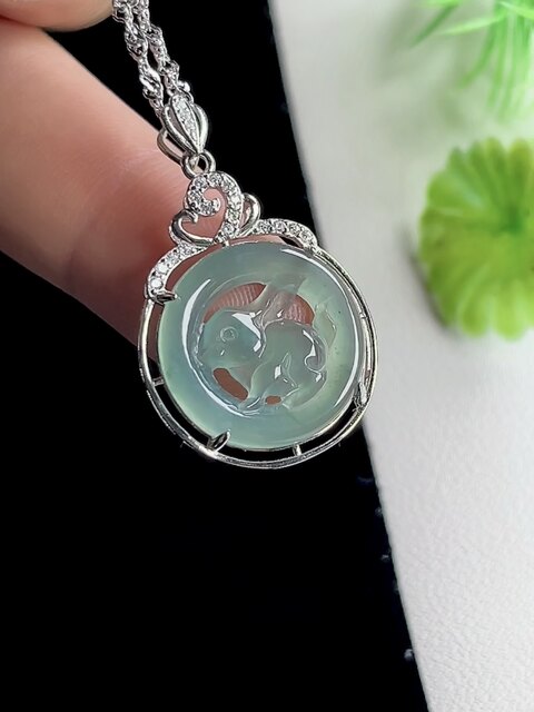 Natural Jade A Grade Rabbit Jade Pendant Ice Type 925 Silver