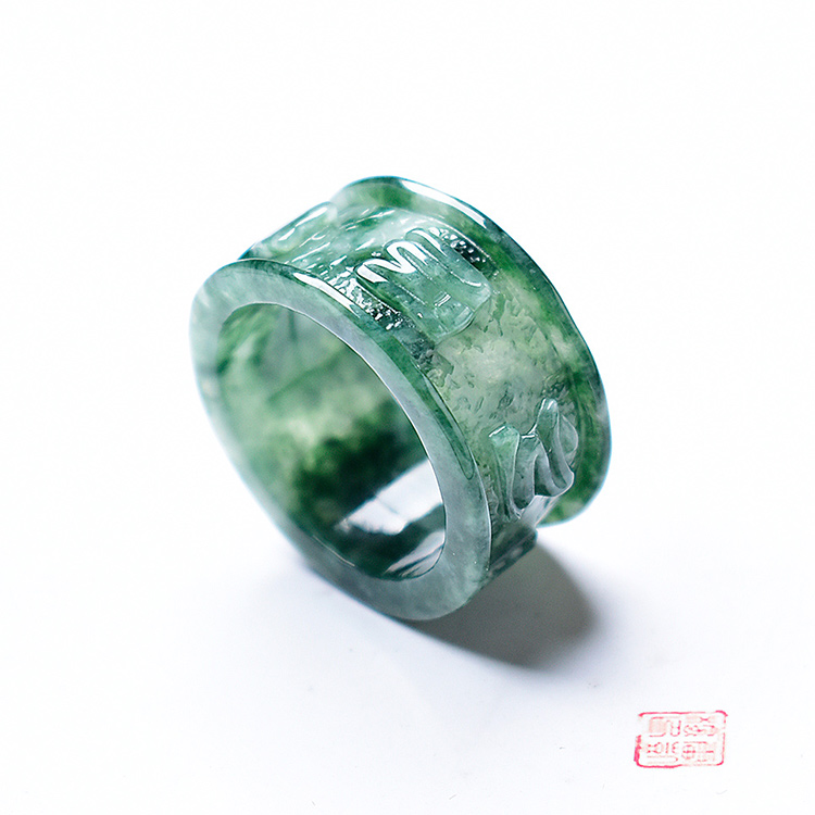 20M满绿翠花天然A货缅甸玉石扳指男玉指环 玉戒指 雕刻六字大明咒 - 图0