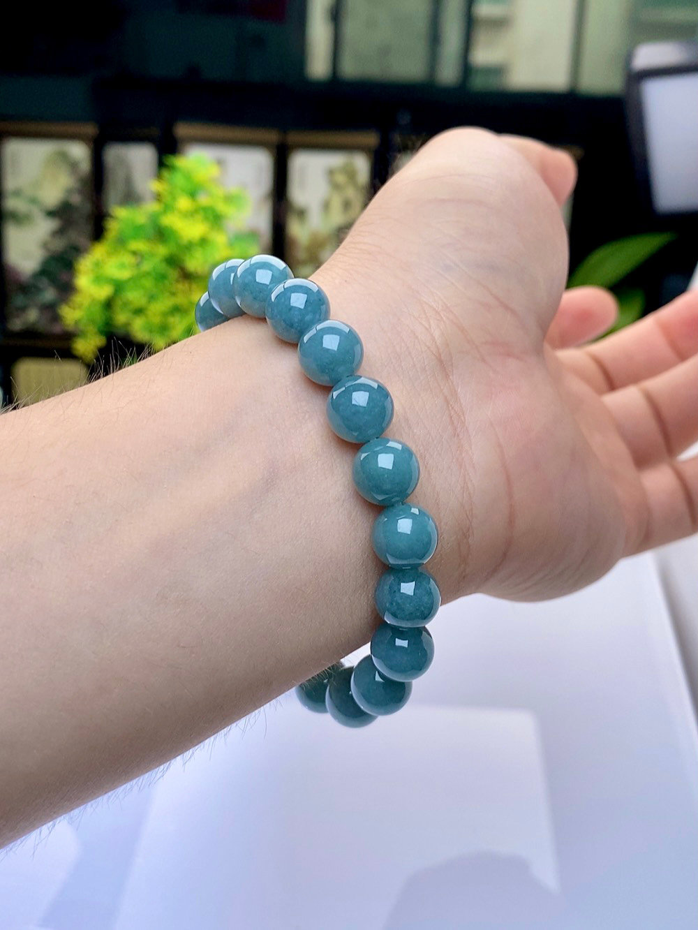 10mm正品A货天然蓝水油青绿翡翠圆珠珠链女手串单圈玉项链手链男 - 图2