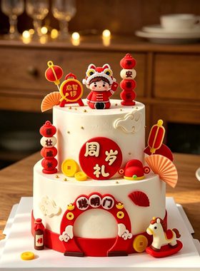 中式100天生日宴蛋糕插件男孩满月周岁派对甜品网红舞狮插牌摆件