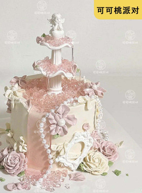 网红许愿池喷泉天使蛋糕装饰摆件复古喷泉水柱甜品台烘焙插件配件