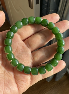 俄碧老坑料和田玉碧玉菠菜绿手链微矿点满绿无结构9mm直切珠柔光