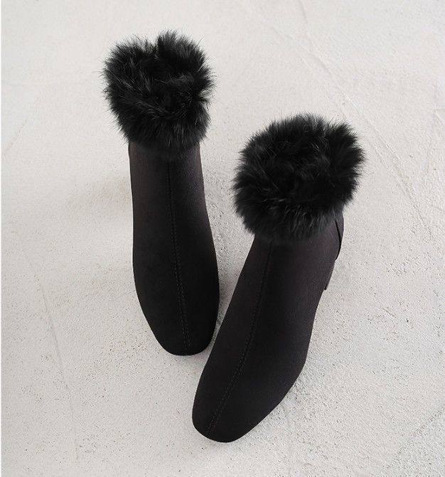 真皮兔毛马丁靴女中跟粗跟方头时装靴配短裙绒布加绒短靴秋冬显廋,淘宝优惠券,粉丝福利购,淘宝优惠卷