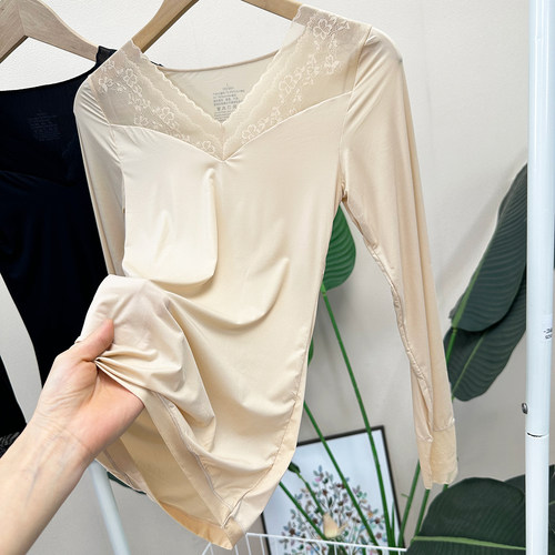 秋冬超薄保暖基底衣性感蕾丝V领紧身打底秋衣面膜美肤衣女W3237 - 图1