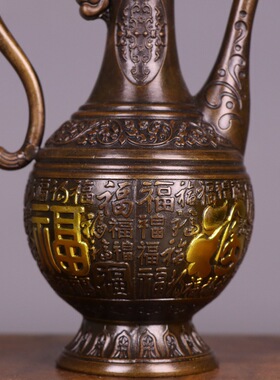 全黄铜浮雕百福酒壶复古家居装饰品铜壶礼品酒具铜器摆件仿古