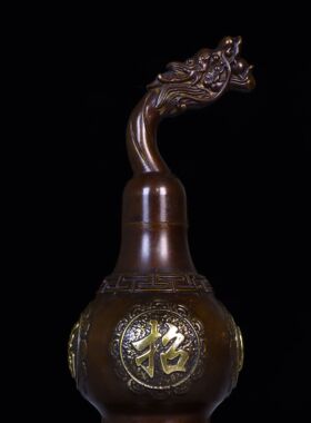 铜鎏金四大神兽龙头招财葫芦办公室家居玄关桌面装饰铜葫芦 摆件