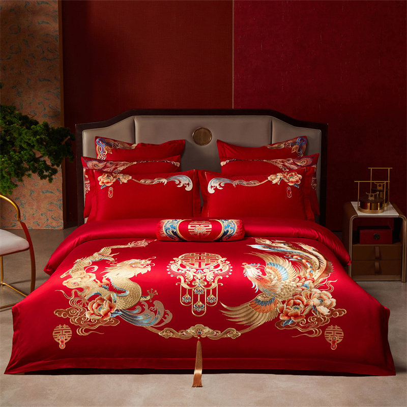 雅鹿家纺结婚全棉四件套纯棉刺绣婚庆大红陪嫁婚房喜被芯床上用品,淘宝优惠券,粉丝福利购,淘宝优惠卷