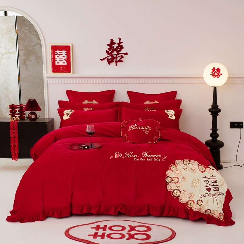 牛奶绒结婚四件套冬季珊瑚绒红色婚庆床上用品加厚花边款被套喜被,淘宝优惠券,粉丝福利购,淘宝优惠卷