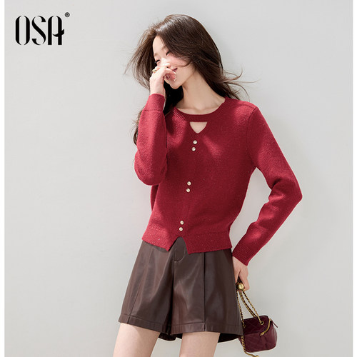 【璀璨毛衫】OSA欧莎细闪银丝北极绒针织衫女冬新款镂空圆领上衣 - 图0