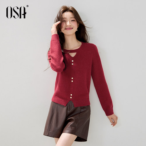 【璀璨毛衫】OSA欧莎细闪银丝北极绒针织衫女冬新款镂空圆领上衣 - 图1