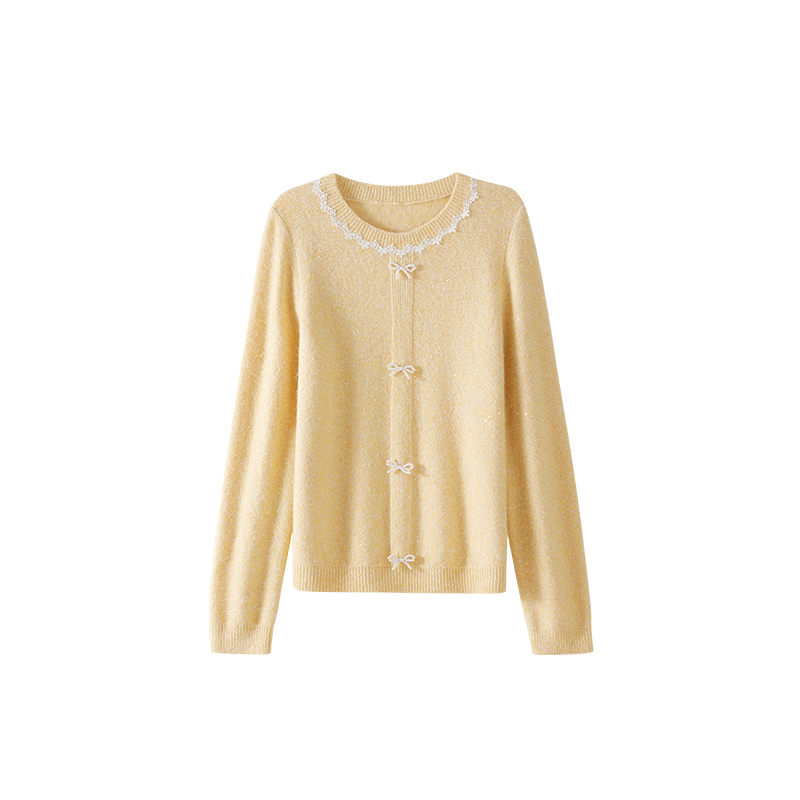 OSA欧莎浪漫蕾丝边圆领毛针织衫女秋季2025新款蝴蝶结套头衫上衣,淘宝优惠券,粉丝福利购,淘宝优惠卷