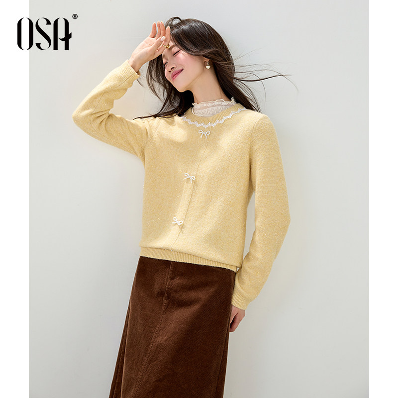 OSA欧莎浪漫蕾丝边圆领毛针织衫女秋季2025新款蝴蝶结套头衫上衣,淘宝优惠券,粉丝福利购,淘宝优惠卷