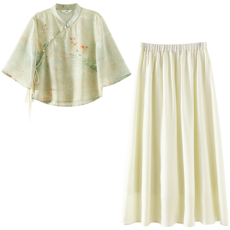欧莎新中式盘扣雪纺连衣裙套装女夏新款古典印花衬衫半身裙两件套,淘宝优惠券,粉丝福利购,淘宝优惠卷