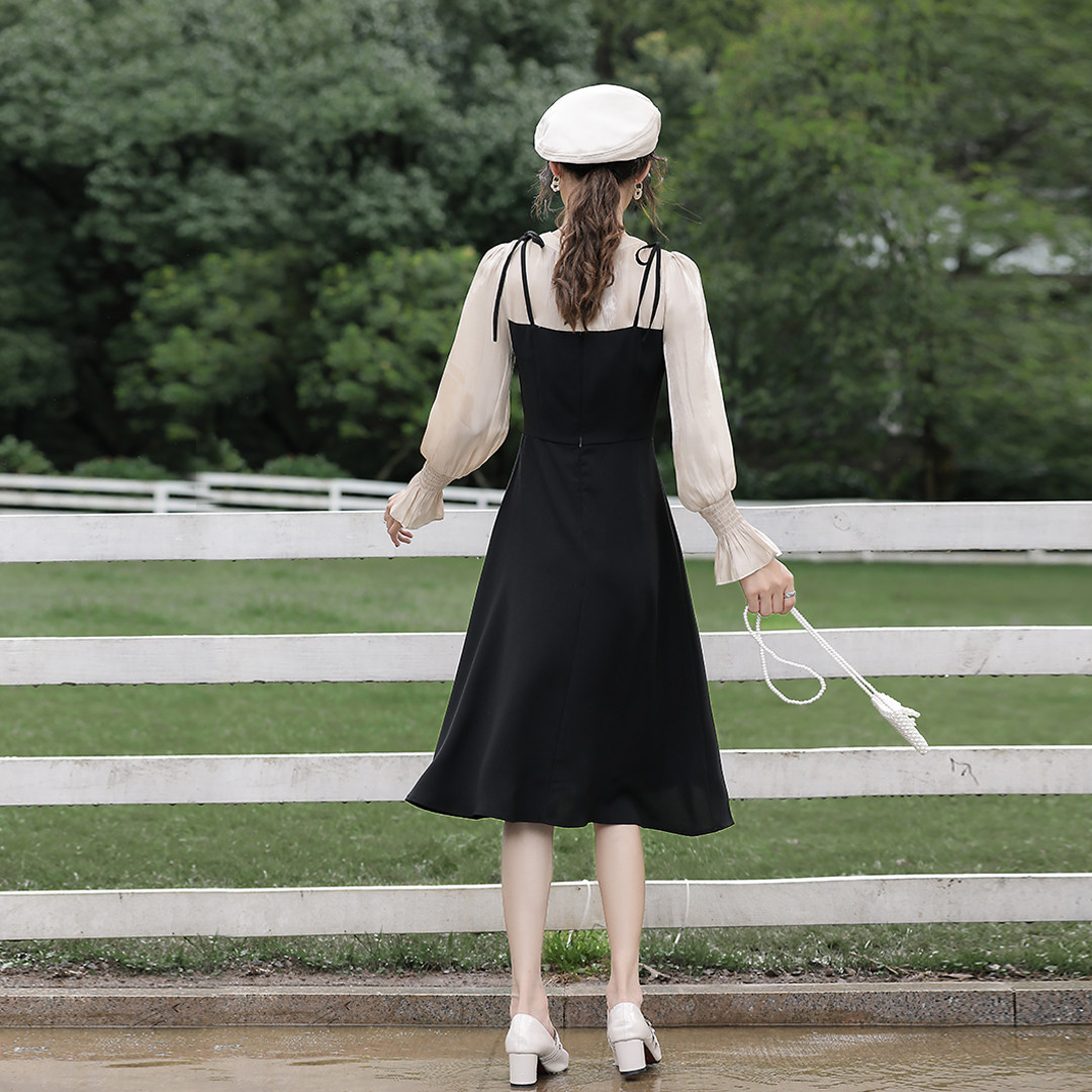 法式复古赫本风假两件长袖连衣裙 雪知芊连衣裙