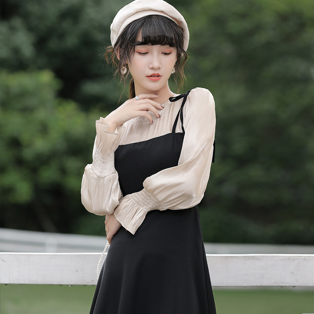 法式复古赫本风假两件长袖连衣裙 雪知芊连衣裙