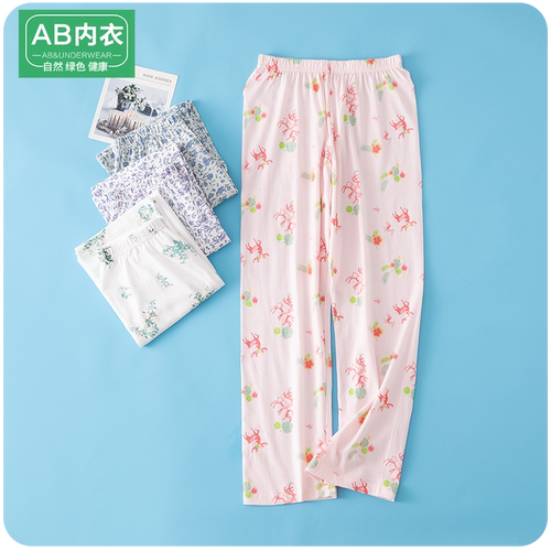 AB内衣纯棉女士印花家居裤宽松高腰长裤妈妈全棉薄款夏季大码睡裤 - 图0