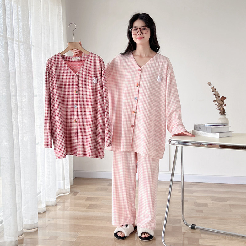 卡通V领开衫格子加肥大码睡衣女胖mm200斤春秋长袖长裤家居服套装,淘宝优惠券,粉丝福利购,淘宝优惠卷