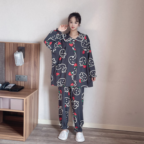 草莓开衫加肥大码睡衣女220斤纯棉春秋长袖长裤胖妹妹家居服套装 - 图2