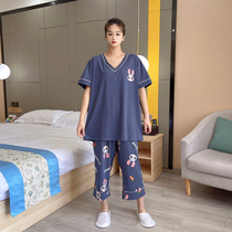 2022 Summer New Pajamas Woman V Collar Katong Pure Cotton Short Sleeves Seven Pants Up For Overweight mm200 Catgut