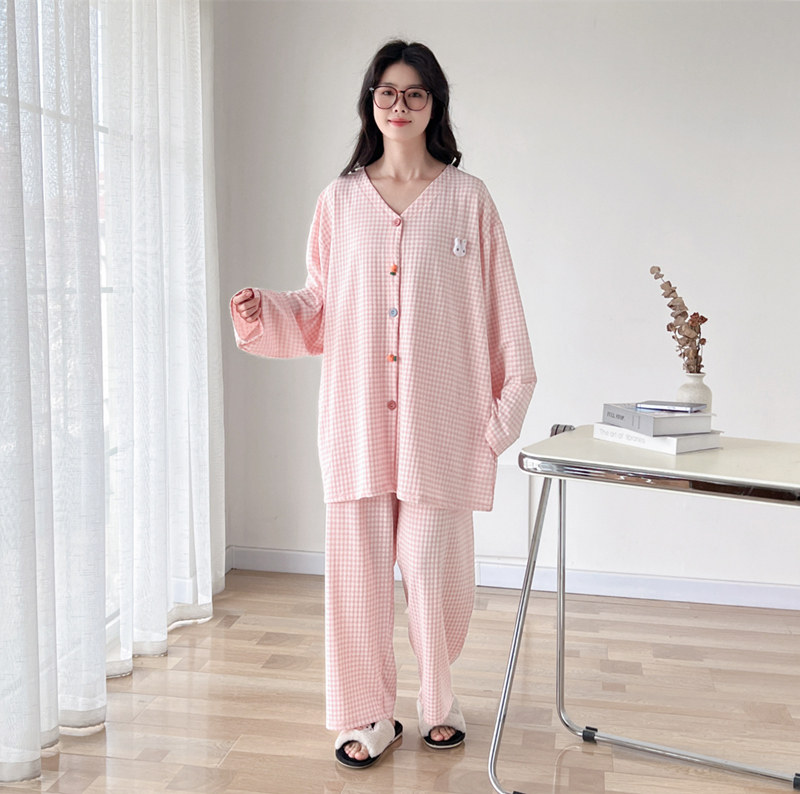 卡通V领开衫格子加肥大码睡衣女胖mm200斤春秋长袖长裤家居服套装,淘宝优惠券,粉丝福利购,淘宝优惠卷