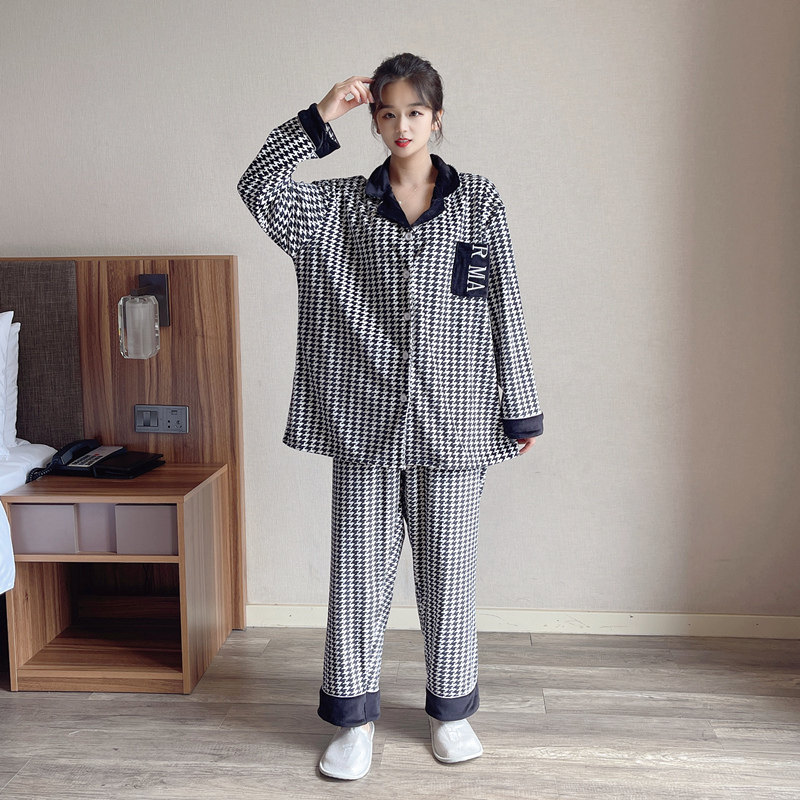 秋冬千鸟格大码天鹅绒情侣睡衣女长袖韩版200斤男士家居服两件套,淘宝优惠券,粉丝福利购,淘宝优惠卷