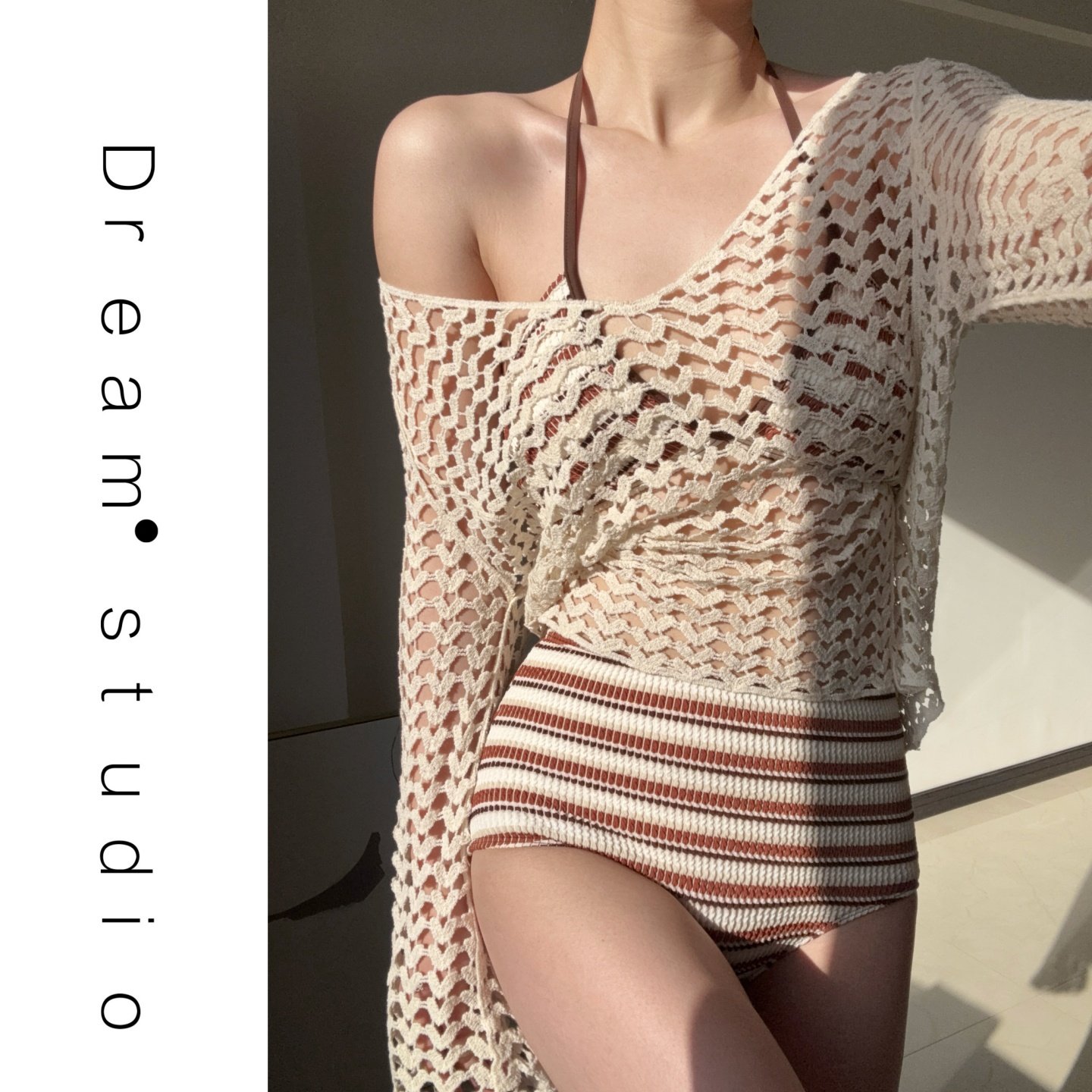 蜜Dream泳衣女慵懒条纹比基尼三件套针织镂空罩衫分体露肩显瘦装,淘宝优惠券,粉丝福利购,淘宝优惠卷