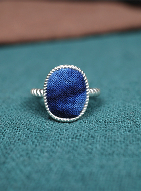 民族风手工刺绣老绣蓝染苗银戒指