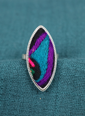 民族风手工刺绣老绣蓝染椭圆指环