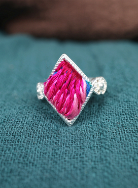 复古菱形开口手工刺绣蓝染女戒