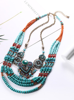 欧美新款时尚复古波西米亚民族风手工串珠项链女多层彩色服装配饰