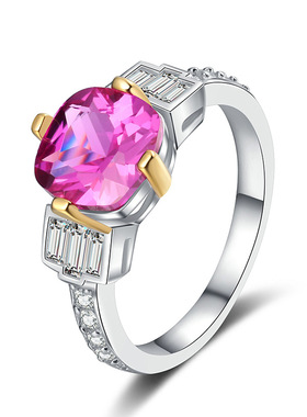 s925通体纯银女戒指镶嵌玫红色锆石公主风小众时尚聚会