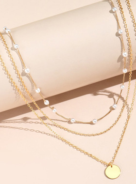 跨境欧美多层圆牌珍珠项链女锁骨链感百搭气质简约饰品潮