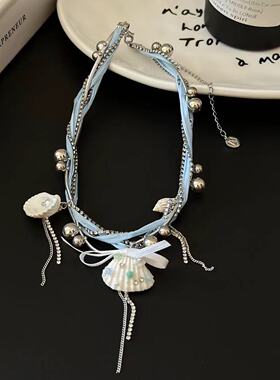 甜酷辣妹度假风缠绕圆珠贝壳蝴蝶结吊坠颈流苏项链个性镶钻链配饰