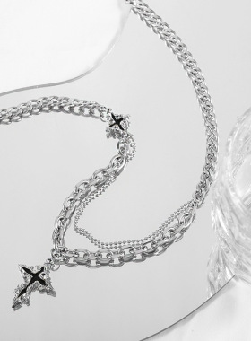 钛钢链条黑色十字架项链男女小众设计感嘻哈个性百搭锁骨链