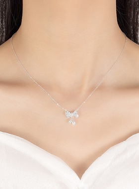 超源S999纯银足银铃兰花蝴蝶结项链女闺蜜生日礼物情人节送女友