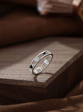 S999纯银足银戒指韩国镂空爱心女锆石开口可调节指环INS时尚食指