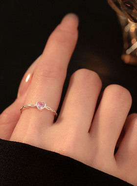 s999纯银足银爱心戒指女心小清新小众甜美粉色锆石食指开口戒