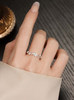 S999纯银足银小清新花朵戒指女INS轻奢创意交叉滕条可调节戒指环