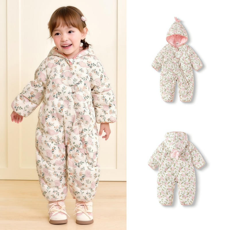 品牌婴儿羽绒连体衣宝宝衣服冬装2025新款男童女童碎花洋气羽绒服 - 图0