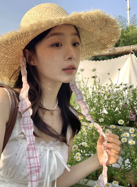 法式粉色丝带圆顶草帽女夏季海边沙滩大檐编织拉菲草防晒遮阳帽子