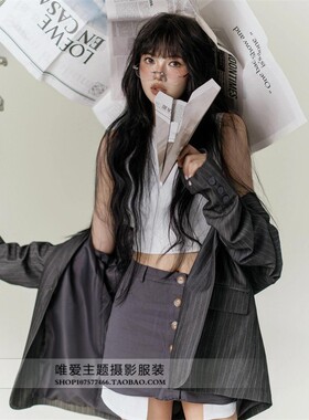 照相馆秋季新款条纹西装外套女高级休闲小众黑色宽松复古西服上衣