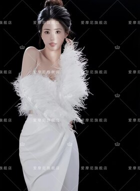 影楼拍照服装财阀千金奢华羽毛分体一字肩礼服个人写真艺术照服装