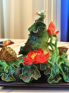 陶瓷花鸟摆件客厅办公室书房玄关新中式莲花摆设家居装饰饰品