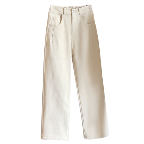 加绒米白色牛仔棉休闲窄版直筒裤女冬九分高腰显瘦小个子长裤 - 图0