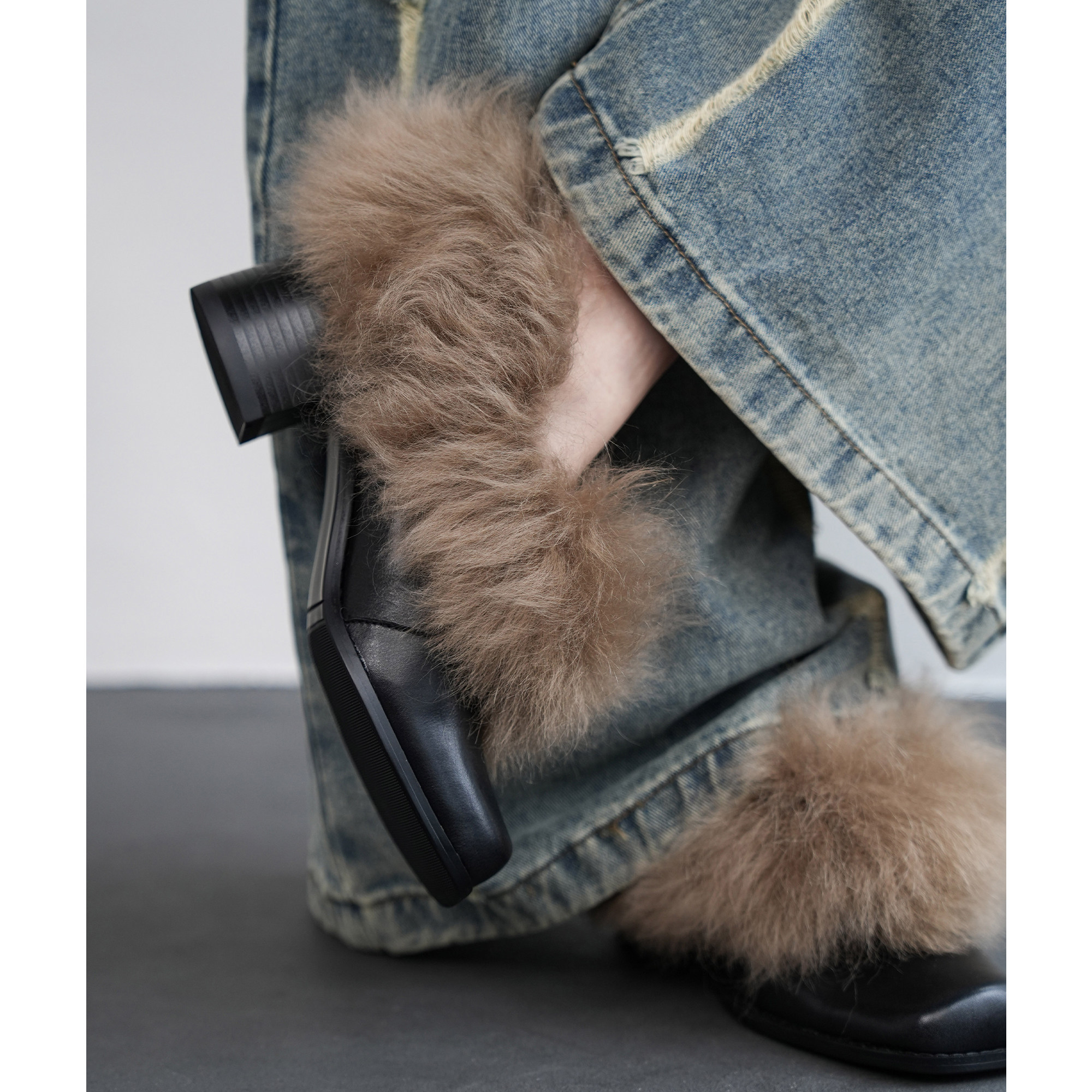 Fermina 全牛皮羊毛加绒乐福鞋女粗跟中跟毛毛单鞋冬通勤时髦女鞋,淘宝优惠券,粉丝福利购,淘宝优惠卷