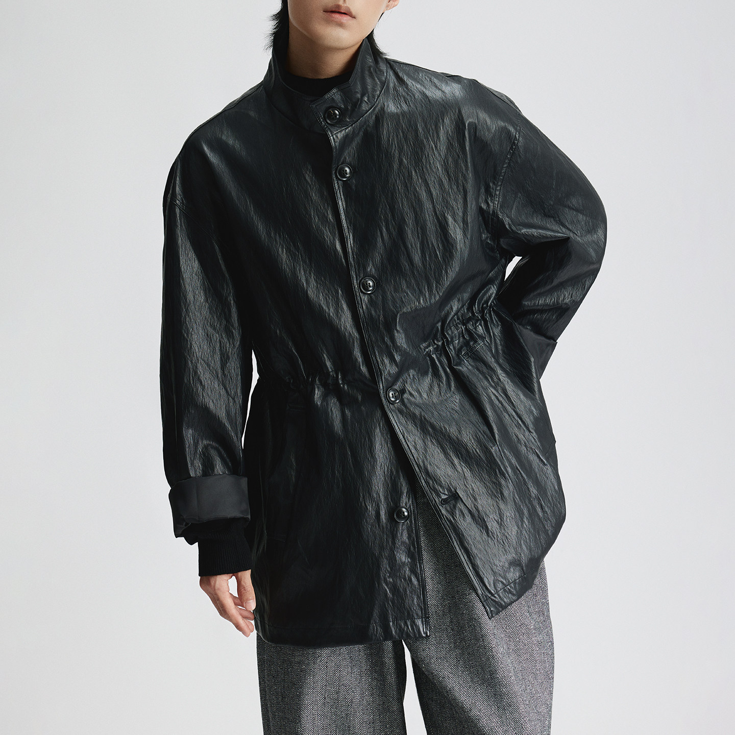 三木公白 复古褶皱黑色立领皮衣男中长款 宽松抽绳收腰皮夹克外套,淘宝优惠券,粉丝福利购,淘宝优惠卷