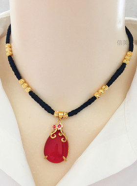 信美之家猫眼石黄铜镀金绳子项链