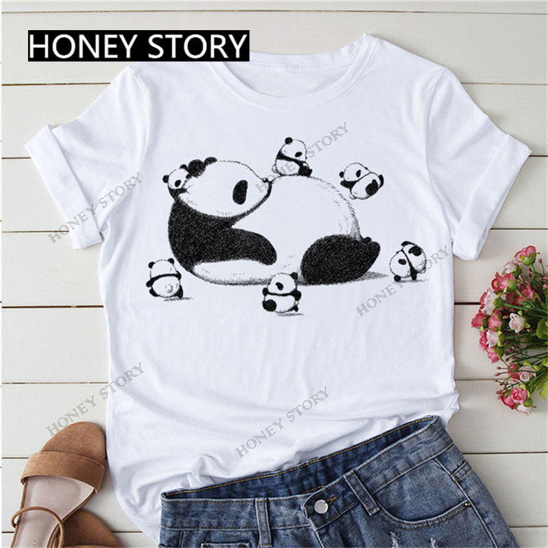 Panda Print T shirt 时尚上衣卡通可爱熊猫印花男女百搭T恤短袖 - 图1